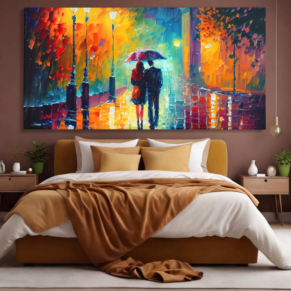 Tablou canvas cu tablou canvas cu indragostiti in ploaie, fara rama, pe sasiu de lemn, pe perete intr-un dormitor